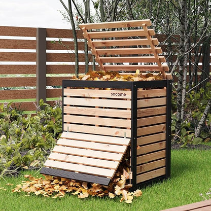 95 Gallon Solid Wood Composter, Outdoor Compost Bin with Pull-Out Door, Large Composting Bin for Backyard, Garden, Patio, Natural