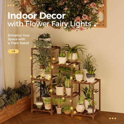 Bamworld Plant Stand Indoor with Flower Fairy Lights Battery Plant Shelf Wood Plant Rack for Multiple Plants 3 Tiers Ladder Plant Holder for 7 Pots for Living Room Home Decor for Gardening Gifts
