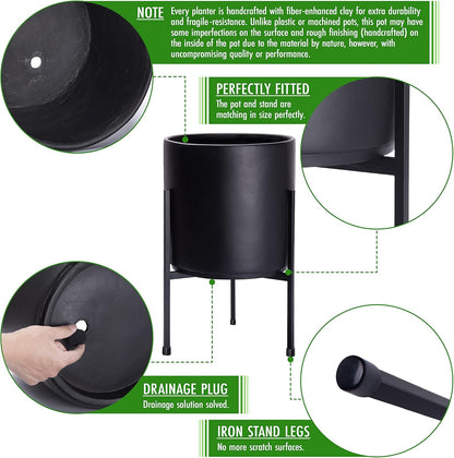 D'vine Dev Modern Black Plants Pot Cylinder Planter with Heavy Duty Stand, Medium 10 Inch Pot, 16.3 Inch with Stand Height, 96-T-B-2