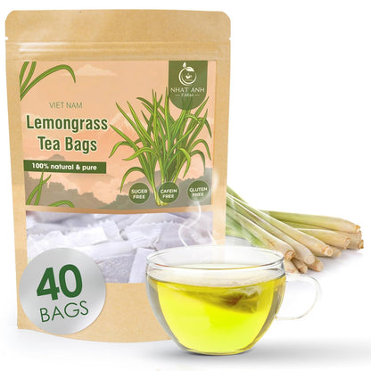 NHAT ANH FARM - Premium Lemongrass Tea Bags, 40 Lemongrass Tea Bags, 100% Natural Dried Lemongrass, Naturally Sweet Herbal Tea, Sugar-Free, Caffeine-Free, No Additives