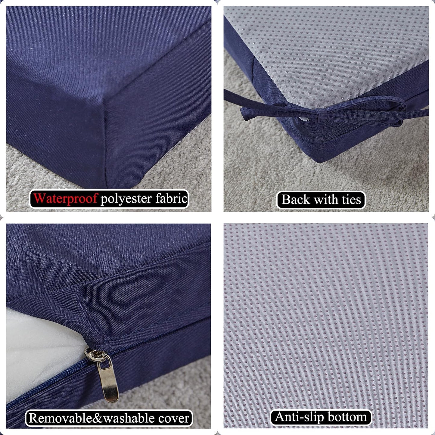 19 x 19 Inch Outdoor Seat Cushions for Patio Furniture with Non Slip and Ties Waterproof & UV Resistant Round Corner Outdoor Chair Cushions Replacement Set of 2, Navy Blue