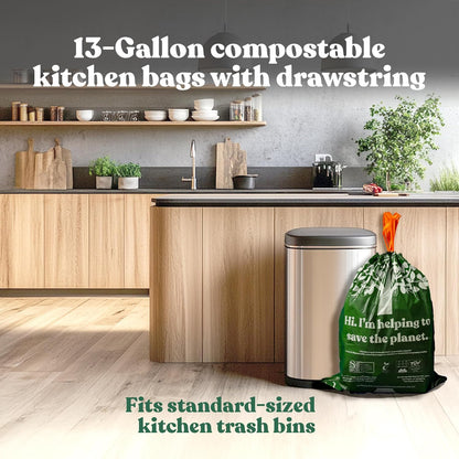 Healthy Earth 13 Gallon Compostable Trash Bags – Tall Kitchen Garbage Bags with Drawstring Handles, Extra Thick Plant-Based Liners, BPI & TÜV Certified ASTM D6400, Heavy Duty Leak-Proof (60 Count)