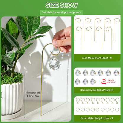 HDCRYSTALGIFTS 9pcs 30mm Crystal Ball Prism Suncatchers with 7.5'' Gold Plant Pot Trellis for Miniature Garden and Potted Plant Decorations, Fairy Garden Sun Catchers for Indoor Plants Accessories