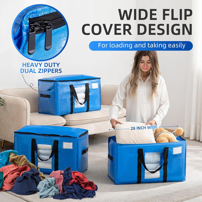 TAILI Extra Large Moving Bags, 8 Pack Blue Heavy Duty Totes For Storage with Visible Window, Wrap Around Handles, Storage Bags for Space Saving, Alternative to Moving Boxes