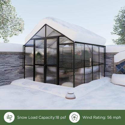 HOWE 8x8x7.5 FT Aluminum Greenhouses for Outdoors,Polycarbonate Greenhouse with 2 Vents Lockable Swing Door Rain Gutter,Walk-in Greenhouse for Backyard Plants, Black