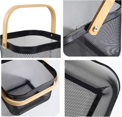 Metal Mesh Steel Basket, Storage Organizer Basket Multi-functional Hanging Kitchen Baskets Fruit Basket Bin with Bamboo Handle for Kitchen Bathroom Picnic Shopping Decor Cabinet Home, Black
