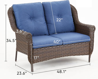 Patio Loveseat Outdoor Wicker Sofa - Heavy Duty All-Weather Brown Rattan 2-Person Sofas with High Back and Comfortable Thick Cushions for Garden Back Porch Poolside Apartment - Navy Blue