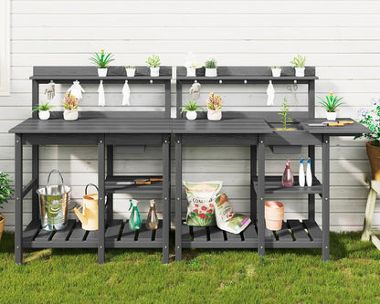 SERWALL Potting Bench Set of 2 Outdoor Potting Table with Sink, HDPE Potting Benches for Outside Gardening Table All Weather Use- Gray
