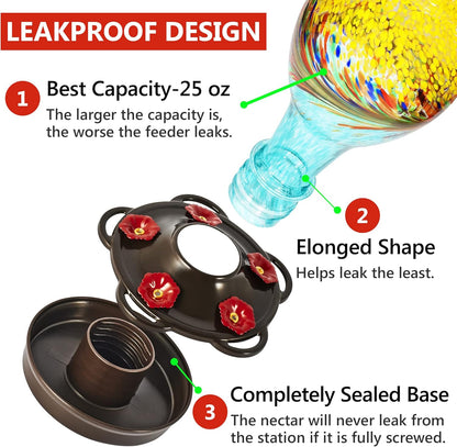 LUJII Hand Blown Glass Hummingbird Feeder for Outdoors with Ant Moat, Leak Proof & Rustproof, 25 fl.oz, Metal Base Cover with 5 Feeding Ports & Perches, Glass Art for Garden Decor (Blue Mixed Yellow)