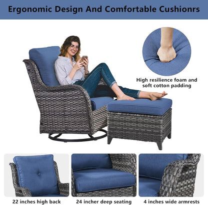 5 Piece Outdoor Patio Furniture Set - Wicker Furniture Patio Conversation Set, Outdoor Swivel Rocker Chairs with Loveseat Sofa and 2 Ottomans for Small Space, Blue Cushion