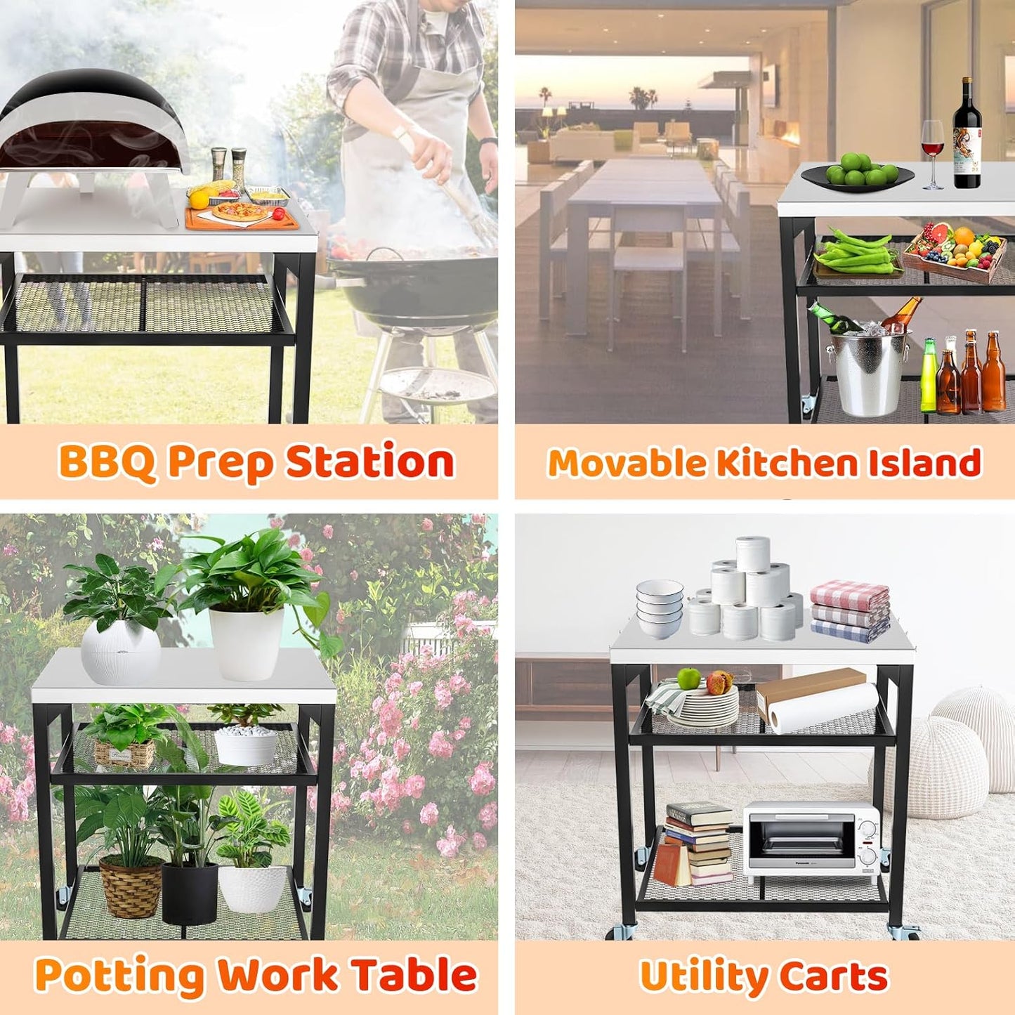 Pizza Oven Table for Ooni, Ninja, Woodfire, Blackstone, Bighorn, Cuisinart, Outdoor Grill Table for Ooni Pizza Oven Accessories, Movable Pizza Oven Stand as Food Prep Cart