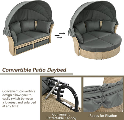 kevinplus Round Outdoor Daybed Patio Sunbed, Convertible Wicker Rattan Outdoor Daybed Sunbed with Retractable Canopy for Garden Backyard Porch Poolside, Gray