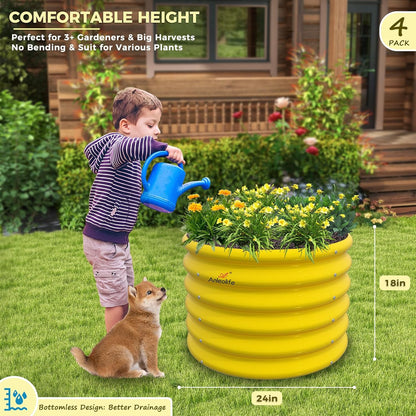 A ANLEOLIFE Kids Raised Garden Beds Outdoor (4-Pack)-24x24x18in Round Galvanized Metal Planter Box for Planting Vegetables, Flowers, Fruits, Eco-Safe & Easy Setup, Sunlit Gold