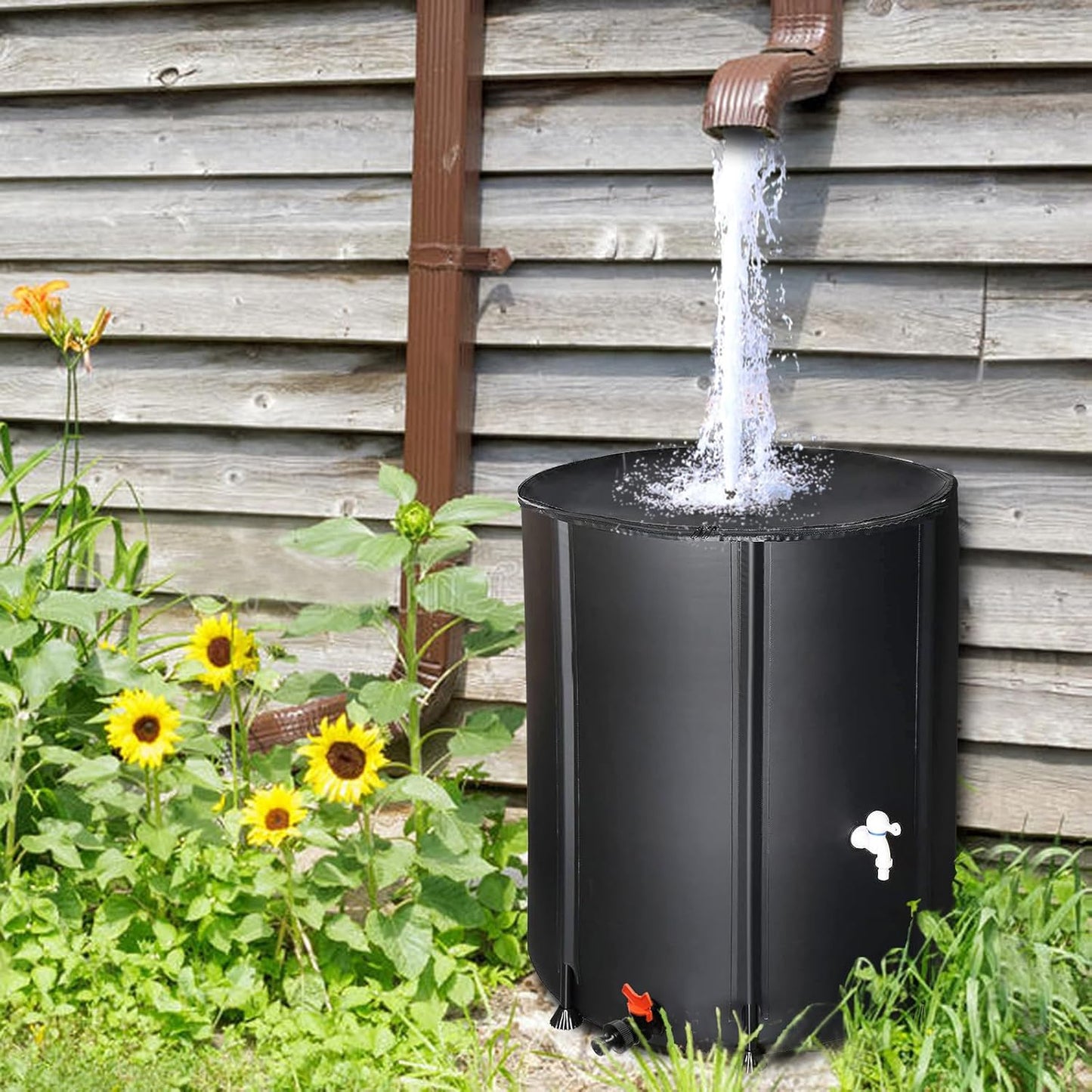 50 Gallon Collapsible Rain Barrel, Portable Rainwater Collection System, Rain Catcher Barrel, Water Storage Tank with Two Spigots and Overflow Kit, Rain Water Barrel Collector for Garden, Black
