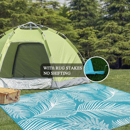Pauwer Waterproof Outdoor Rug 6x9, Reversible Plastic Straw Patio Camping Rug, Indoor Outdoor RV Mat Carpet for Deck, Camper, Porch, Balcony, Backyard, Picnic, Leaf Teal