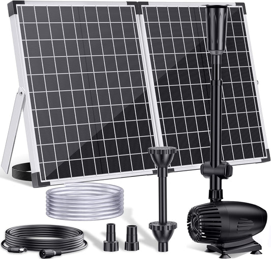 POPOSOAP 55W Solar Fountain Pump, 480GPH Solar Pond Pump with Dry-Run Protection, Solar Powered Water Pump with 17Ft Cord & 10Ft Extension Cable, PVC Tubing for Ponds, Garden, Waterfall, Hydroponics