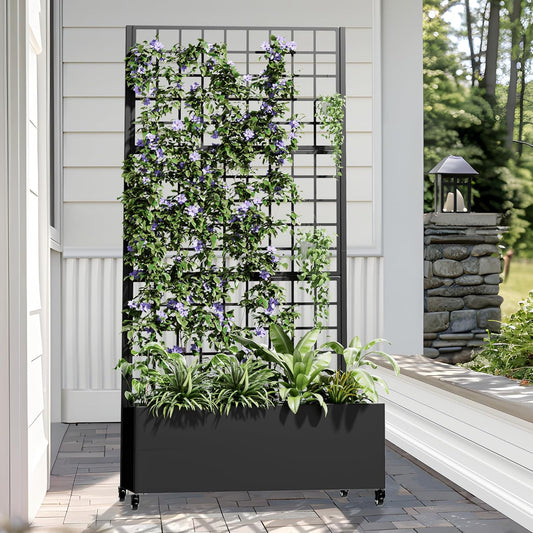 Casaphoria Metal Raised Garden Bed with Trellis and Wheels, 72"x35"x16" Planter Box for Climbing Plants, Vegetables & Vines, Features Drainage Holes and Privacy Screen (Black-Grid)