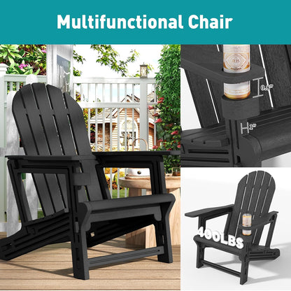 Adirondack Chairs Set of 4, Tool-Free Assembly All-Weather Plastic Adirondack Chairs, HDPE Fire Pit Chairs with Cup Holder, Outdoor Chair for Patio Garden (Black)