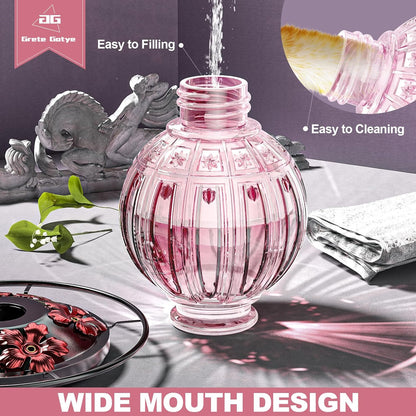 Glass Hummingbird Feeder for Outdoors Hanging, Bird Nectar Feeder with Perch & 5 Flower Feeding Ports, 26 Oz Leak Proof for Outside Garden Decor Backyard, Gifts for Women Mom, Pink