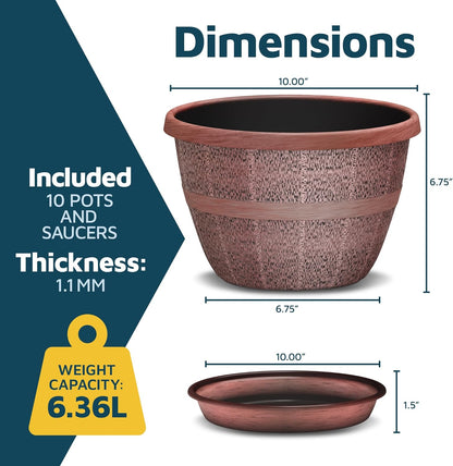 10-Inch Whiskey Barrel Planters Outdoor Pack of 10 - Durable Plastic Plant Pots for Indoor & Outdoor Use with Drainage & Saucer, Lightweight Rustic Barrel Planters for Flowers, Herbs & Small Plants