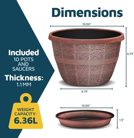 10-Inch Whiskey Barrel Planters Outdoor Pack of 10 - Durable Plastic Plant Pots for Indoor & Outdoor Use with Drainage & Saucer, Lightweight Rustic Barrel Planters for Flowers, Herbs & Small Plants