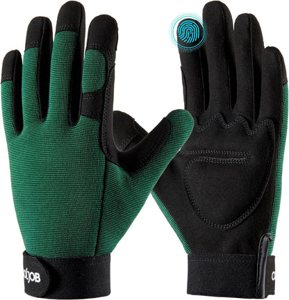 COOLJOB Thorn Proof Garden Gloves with Touchscreen Fingers for Men, Rose Pruning Work Gloves with Palm Cushion for Gardener, Farmer and Landscaper (Green 1 Pair Large)