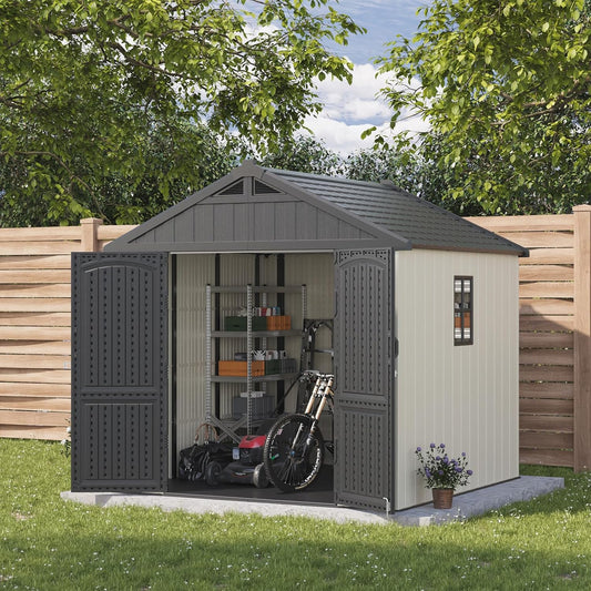Patiowell 8 x 8 FT Plastic Outdoor Storage Shed with Floor, Resin Shed with Window and Lockable Door for Garden, Backyard, Tool Storage Use, Easy to Install in Beige (Kick-it Shed)