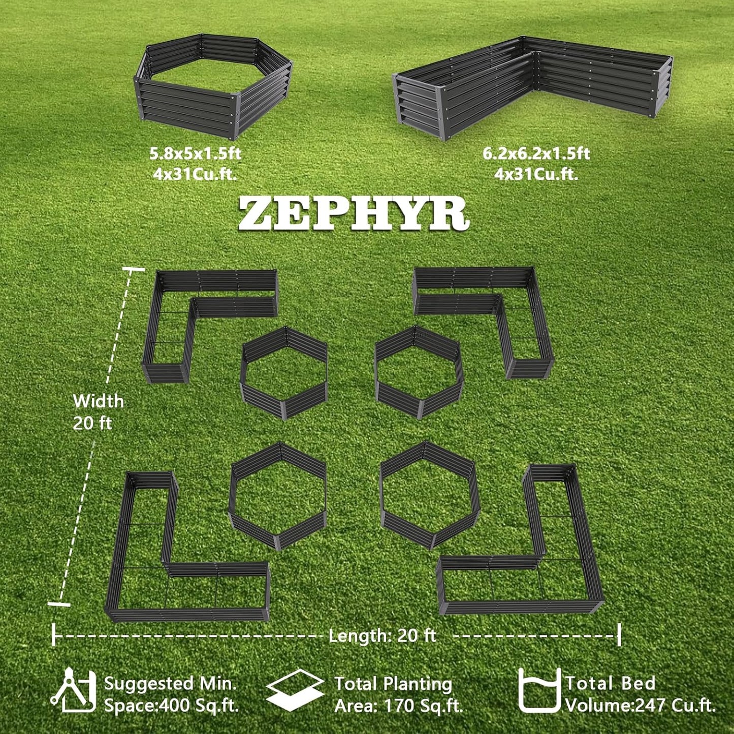 A ANLEOLIFE 8-Pack 70x60x18 in & 74x74x18 in Deep Root Galvanized Raised Garden Beds Outdoor for Planting Vegetables Flowers Herb, Quartz Grey
