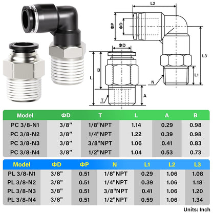 TAILONZ PNEUMATIC Elbow and Straight Combination 3/8 Inch Tube OD x 1/2 Inch NPT Thread Push to Connect Fittings PC-3/8-N4+PL-3/8-N4(Pack of 12)