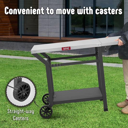 Outdoor Grill Table, 40’’x20’’ Movable Pizza Oven Table with Wheels, Stainless Steel Countertop Grill Cart with Storage Shelf & Foldable Extension, 6 Extra Hooks,for BBQ Food Prep