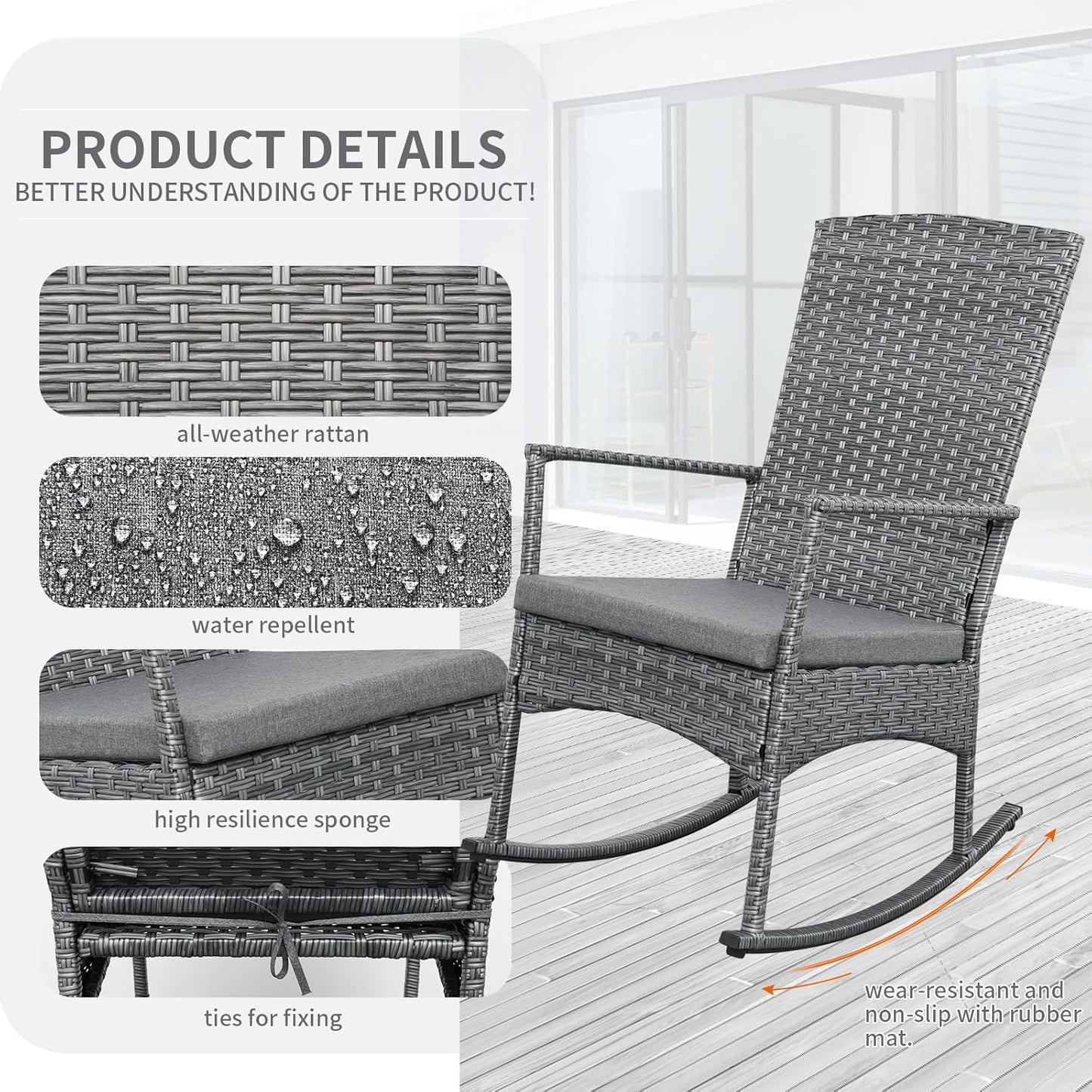 Outdoor Rocking Chair 3 Pieces High-Backed Rocking Chair Patio Rocking Chairs Outdoor Table and Chairs Anti-Slip Cushions Dark Grey