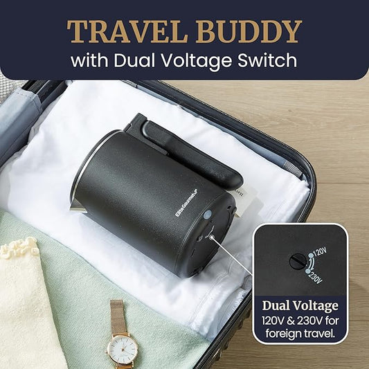 Elite Gourmet Dual Voltage 120-230V, Travel Double Wall Insulated Cool-Touch, 0.6L Electric Kettle Stainless Steel Interior, Hinged-Locking Lid, Auto Shut-Off, Boil Dry Protection, Black