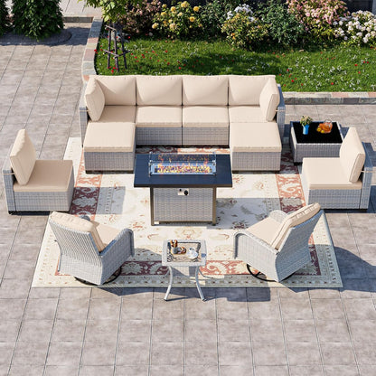 13-Piece Patio Furniture Set, Outdoor Patio Furniture with Swivel Chairs Set, Ottomans, 55,000 BTU Fire Pit Table, Modular Patio Sofa, Dual-Strand Wicker Rattan, Rust-Resistant Frame, Khaki