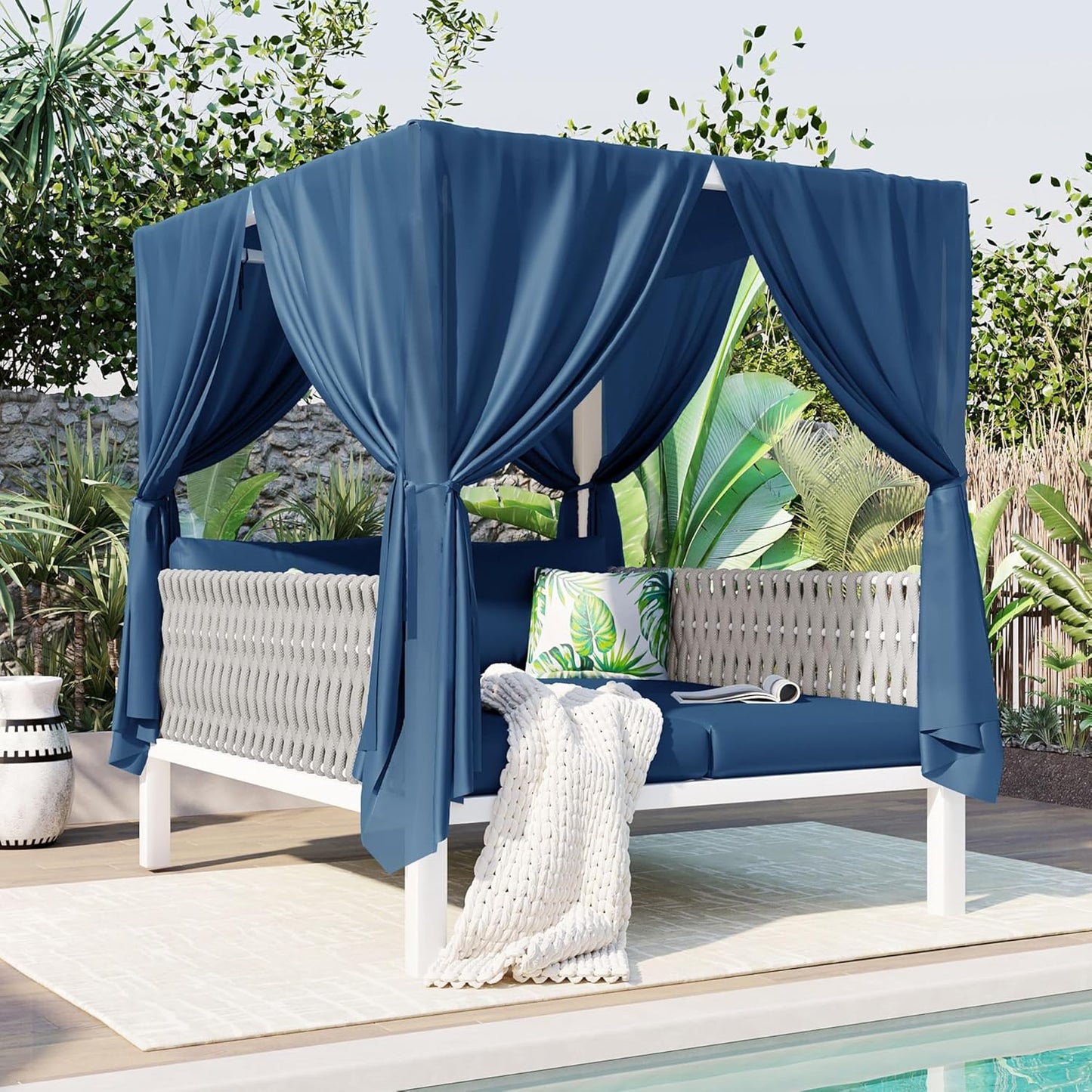 Polibi Outdoor Patio Sunbed with Blue Curtains,Outdoor Sun Lounger Bed with Pillows,Rubber Core Rope Weaving Outdoor Double Chaise Lounge Suitable for Pool,Garden,Blue