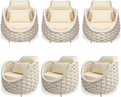TWT 6 Pieces Patio Sofas, All-Weather Olefin Rope Balcony Furniture with Cushions & Pillows, Patio Couch Outdoor Patio Furniture Set for Indoor, Balcony, Backyard, Deck, Poolside, Cream