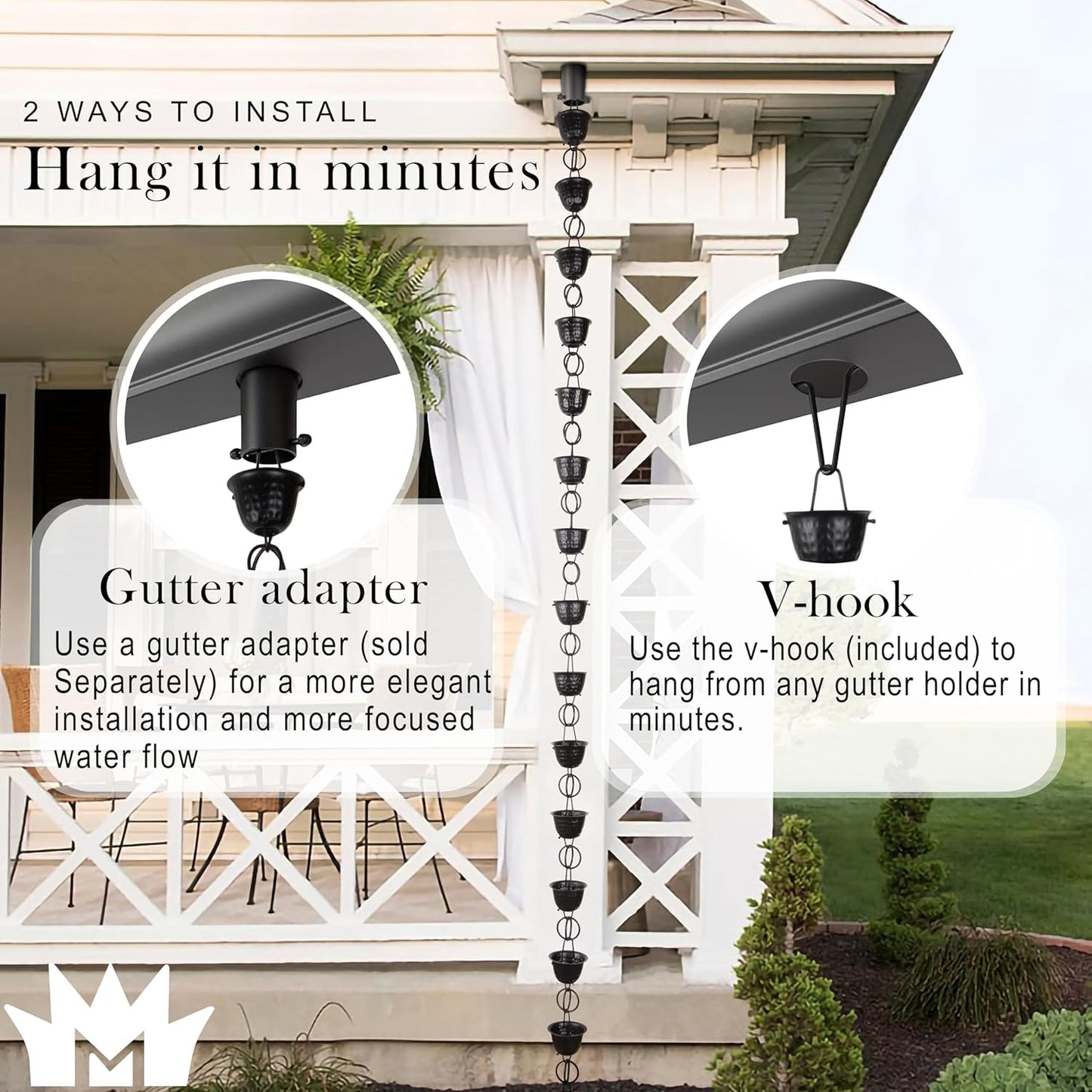 Monarch Rain Chains Aluminum Hammered Cup Rain Chain, 8.5 ft Black Powder Coated Aluminum Decorative Rain Catcher Chain for Gutters, Black Aluminum Rain Gutter Replacement Downspout