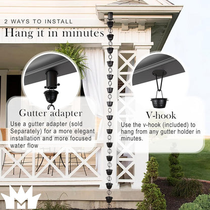 Monarch Rain Chains Aluminum Hammered Cup Rain Chain, 8.5 ft Black Powder Coated Aluminum Decorative Rain Catcher Chain for Gutters, Black Aluminum Rain Gutter Replacement Downspout