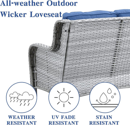 Outdoor Loveseat Small Patio Furniture 2 Seater Sofa Light Grey Wicker Couch Rattan Settee for Single-Family House