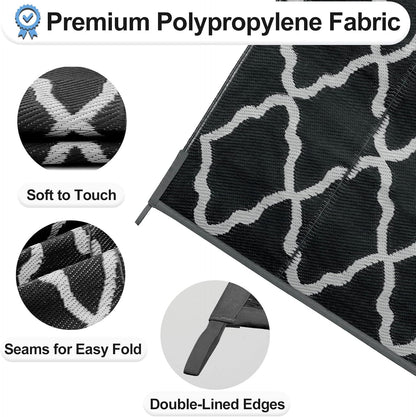 OutdoorLines Outdoor Plastic Area Rugs for Patio 6x9 ft - Reversible Outside Carpet, Stain & UV Resistant RV Mats, Straw Rug for Camping, Deck Garden, Porch and Balcony, Moroccan Black & Light Grey