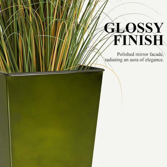 Worth Garden Large Metal Glazed Planter Set of 2 (25" + 28"), Luxurious Glossy Finish Green Tall Square Tapered Steel Plant Pot, Decor Flower Pot Indoor & Outdoor, Drainage Hole & Dual-Purpose Saucer