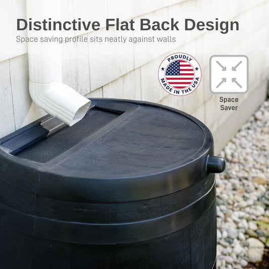 50-Gallon ECO Rain Barrel Made with 100% Recycled Plastic, Flat Back Rain Water Collection Barrel, Soaker Hose Included, Black