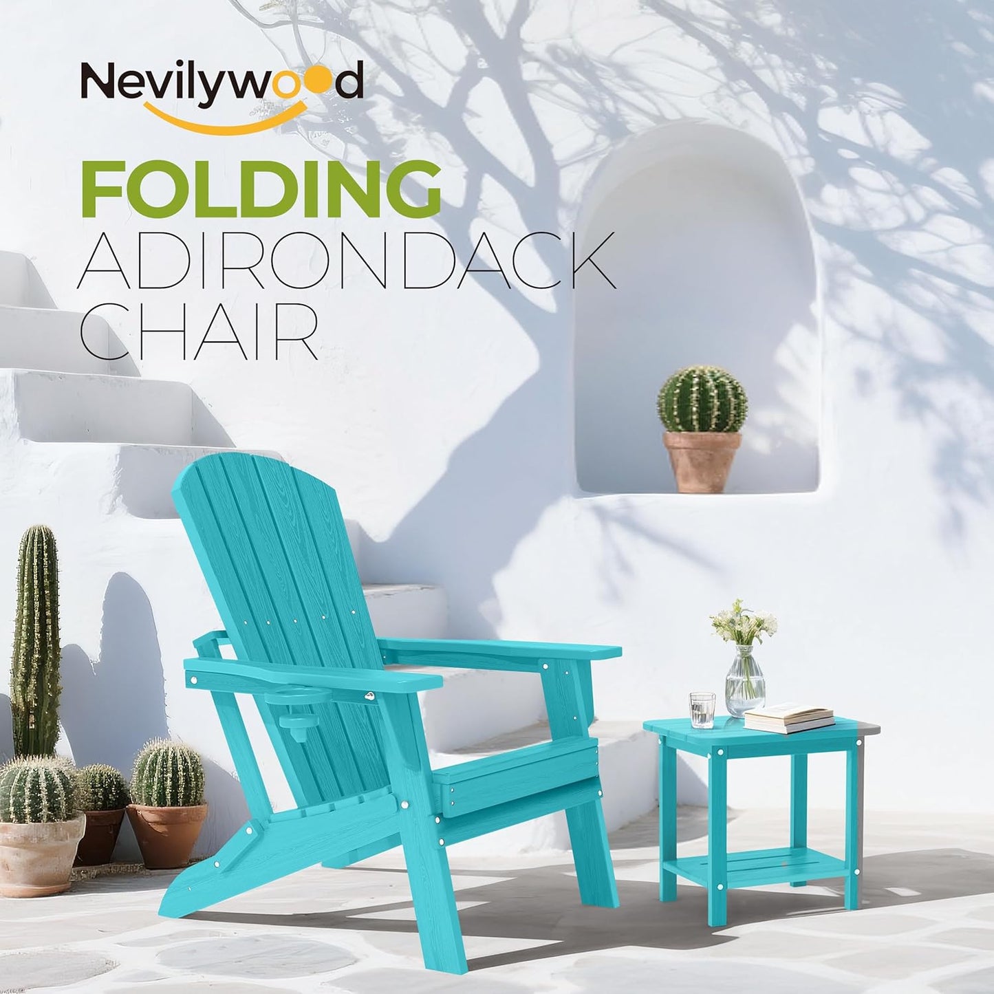 Folding Adirondack Chair - Extended Ergonomic Backrest, Cup Holder - Easy Assembly - Durable HDPE Plastic, Weather Resistant & Maintenance-Free - Lawn, Patio, Deck Supports 380lbs Aruba