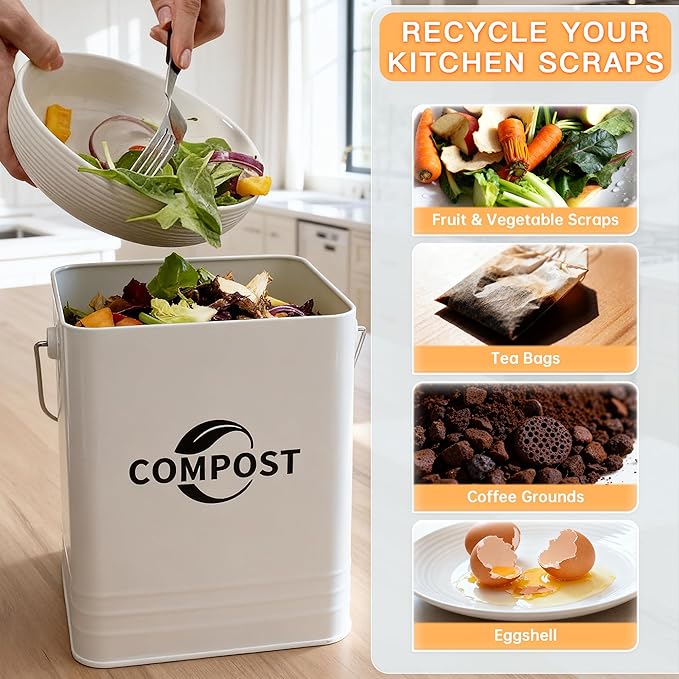 Kitchen Compost Bin, 1.7 Gallon Countertop Compost Bin with Lid and Charcoal Filter, Kitchen Composter for Food Waste, Rust Proof Indoor Bucket, White