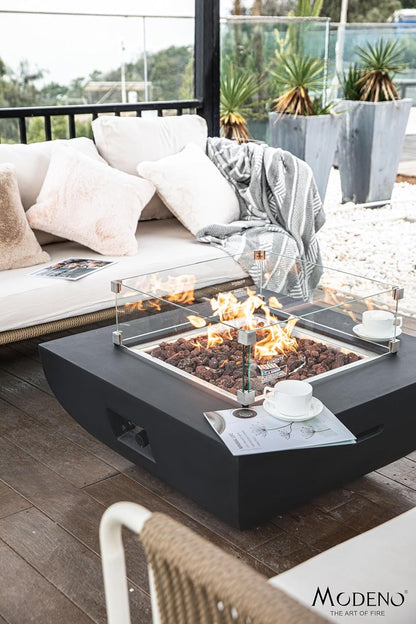 AMS Fireplace | Modeno Aurora Package | Black Liquid Propane Gas Fire Pit Table for Outside Patio Bundle with Tank Cover, Wind Guard, and SS Burner Lid | Free Rubber Mat & Ice Bucket
