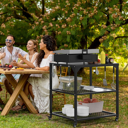 Stainless Steel Pizza Oven Table Cart with Wheels, 3-Shelf Outdoor Grill Stand for Ooni, Blackstone, Ninja Woodfire, Cuisinart and Most Grill – Portable Movable Food Prep Cart & Topping Station