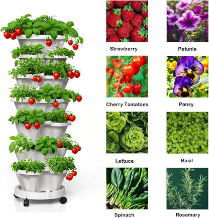 7 Tiered Strawberry Planters 2 Pack, Vertical Stackable Planter, Herb Stacking Tower Garden, Flower and Vegetable Planters with Support Pole Indoor and Outdoor with Removable Wheels - White
