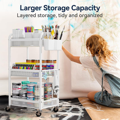 YASONIC 3 Tier Rolling Cart – Metal Utility Storage Cart with Wheels, Craft Carts Organizer with Hanging Cups, Hooks, Mesh Basket for Bedside Kitchen Office Art, White