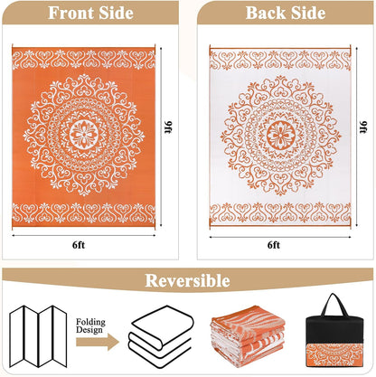 Pauwer Waterproof Outdoor Rug 6x9, Reversible Plastic Straw Patio Camping Rug, Indoor Outdoor RV Mat Carpet for Deck, Camper, Porch, Balcony, Backyard, Picnic, Floral Orange