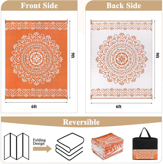 Pauwer Waterproof Outdoor Rug 6x9, Reversible Plastic Straw Patio Camping Rug, Indoor Outdoor RV Mat Carpet for Deck, Camper, Porch, Balcony, Backyard, Picnic, Floral Orange