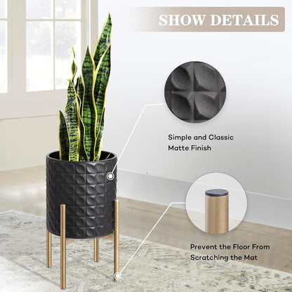 Oakrain Planters for Indoor Plants, Set of 2 Decorative Metal Planter Pots, Mid Century Modern Planter with Stand for Living Room, Office, Garden or Balcony, Black, 8"&10"